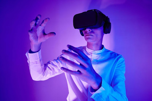 wearing VR goggles in a futuristic world